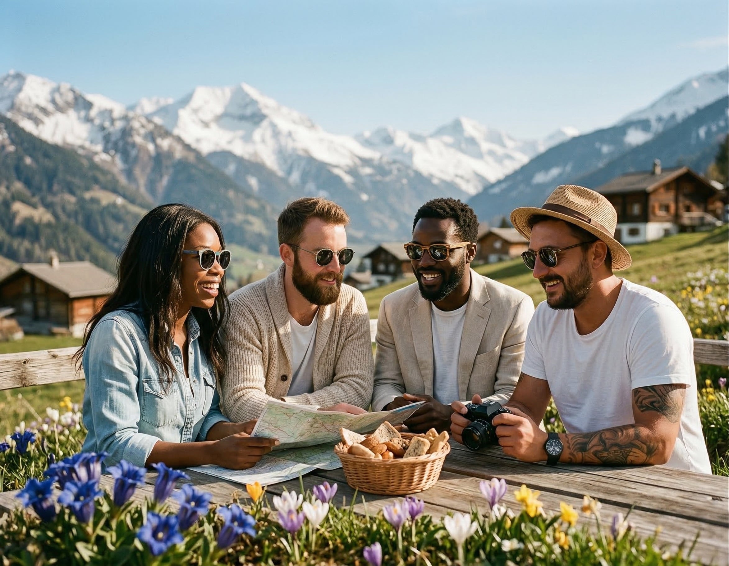 Gruppe im alpinen Ambiente mit Holz-Sonnenbrillen