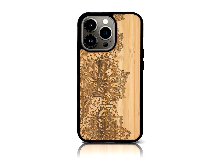 Coque bois-plastique iPhone 13 Pro FLEURS